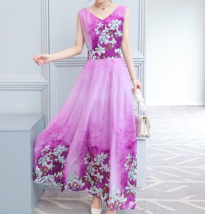 1551.花柄シフォンノースリーブドレス（パープル） 2019 春夏 sale 演奏会 コンサート 結婚式 ブライダル 食事会 パーティー