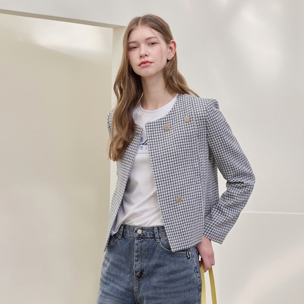 [リアーナニューヨーク] ツイードチェックダブルジャケット_ベージュグレー