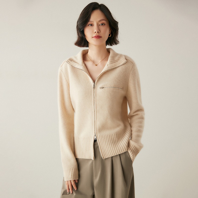 韓系双ファスナー設計カシミヤカーディガン秋冬通勤小柄高襟長袖コートブーム