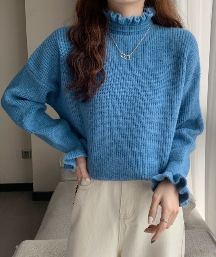 デート モテアイテム ニットソー ざっくりニット 長袖 ハイネック フリル リブニット 可愛い きれいめ 上品 おしゃれ かっこいい 可愛い ラブリー キュート ガーリー クール モード系