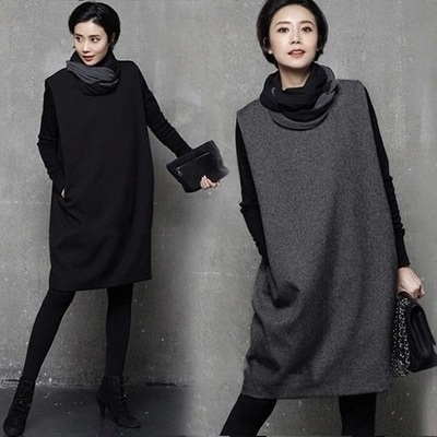 チュニックワンピ カットソー 重ね着 ストレート 膝上丈 ラウンドネック 袖なし ノースリーブ Ｉライン 伸縮 スリム 細身 ストレートライン ゆるふわ カラバリ豊富 ニット キュート かわいい