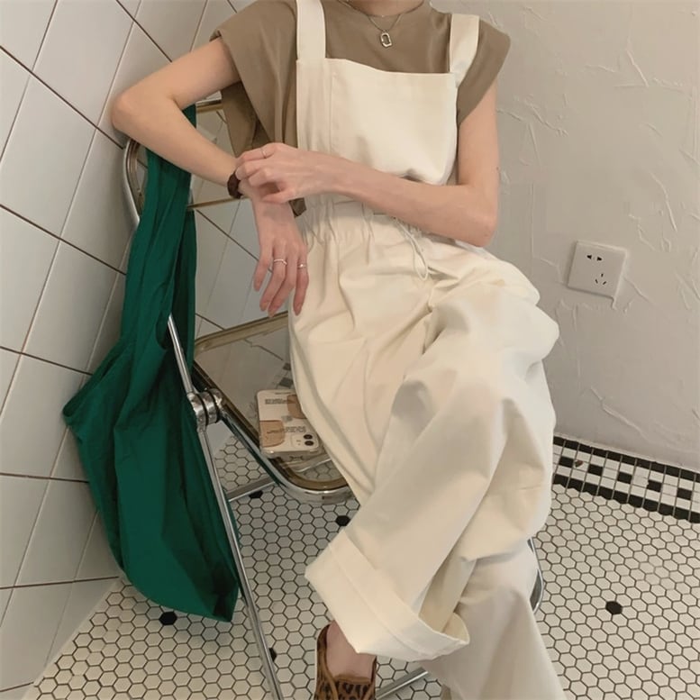 レディース サロペットパンツ オーバーオール ワイドパンツ オールインワン ウエストゴム 袖なし