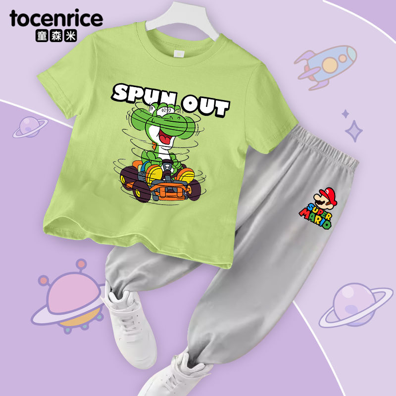 [急速出荷]新しいスーパーマリオヨッシーボーイズ半袖スーツサマーボーイズtシャツ蚊パンツ子供夏服クール21145124336