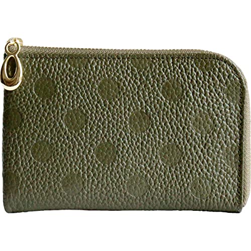 [] 【姫路レザー】L字ファスナー ミニ財布 レディース 日本製 ドット 水玉 上品 おしゃれ 外ポケット付き 薄型 使いやすい キャッシュレス カードケース ミニマリスト (グリーン（カーキ）)