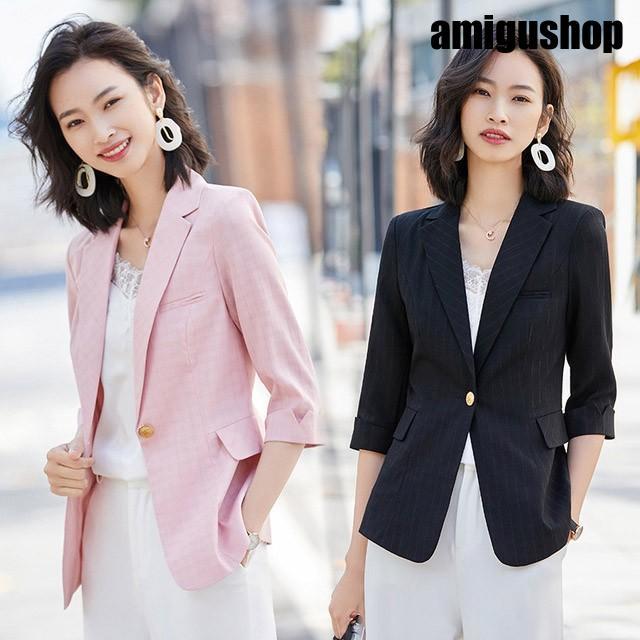 夏 ジャケット レディース ストライプ テーラードジャケット 7分袖 薄手 サマージャケット 大きいサイズ ピンク ホワイトジャケット 通勤 OL オフィス ブラック