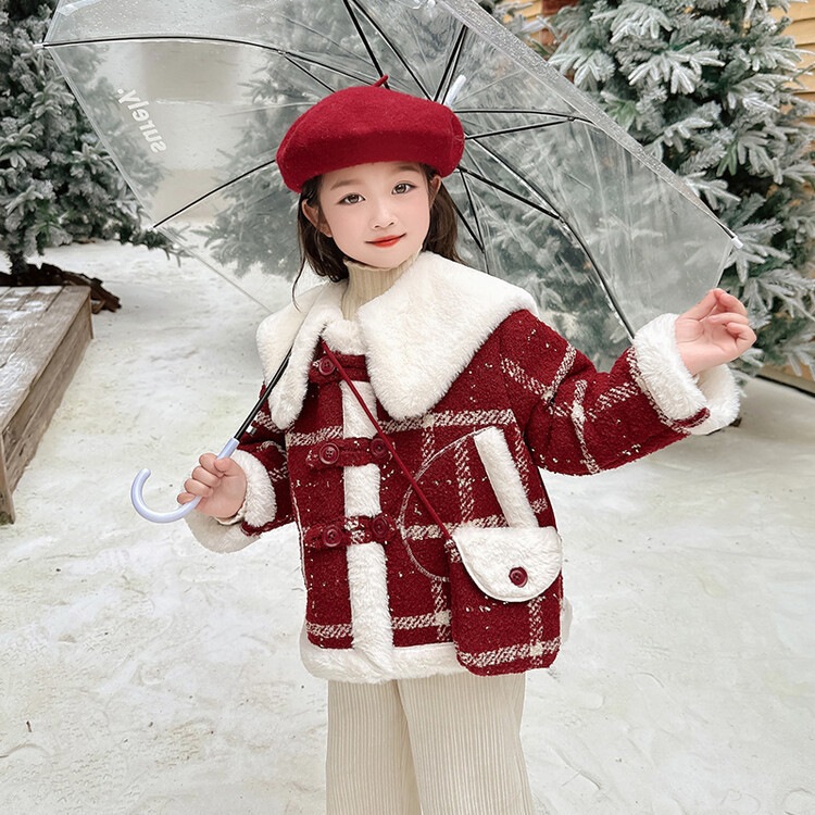 ガールズウールベルベットコート2024年秋冬新作子供用厚みのある冬ベビーラーペルウールコート