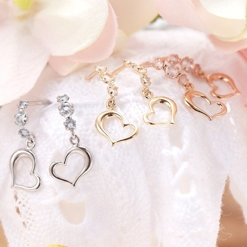 K10WGK10K10PGオープンハートが揺れ動くC型3連天然石のピアスホワイトゴールドとアクアマリンゴールドとブルームーンストーンピンクゴールドとローズクォーツパワーストーンシリコン樹脂付きキャッチ