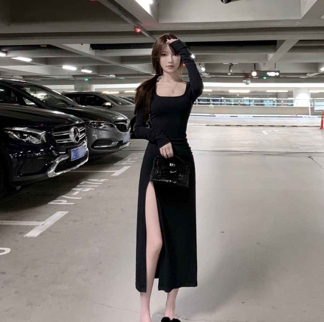 ワンピース ロング ロング丈 袖あり スリム タイト かわいい 大人可愛い きれいめ シンプル ロング丈 スリット タイト スクエアネック セクシー 無地 春夏 グレー ブラック M 韓国 コーデ