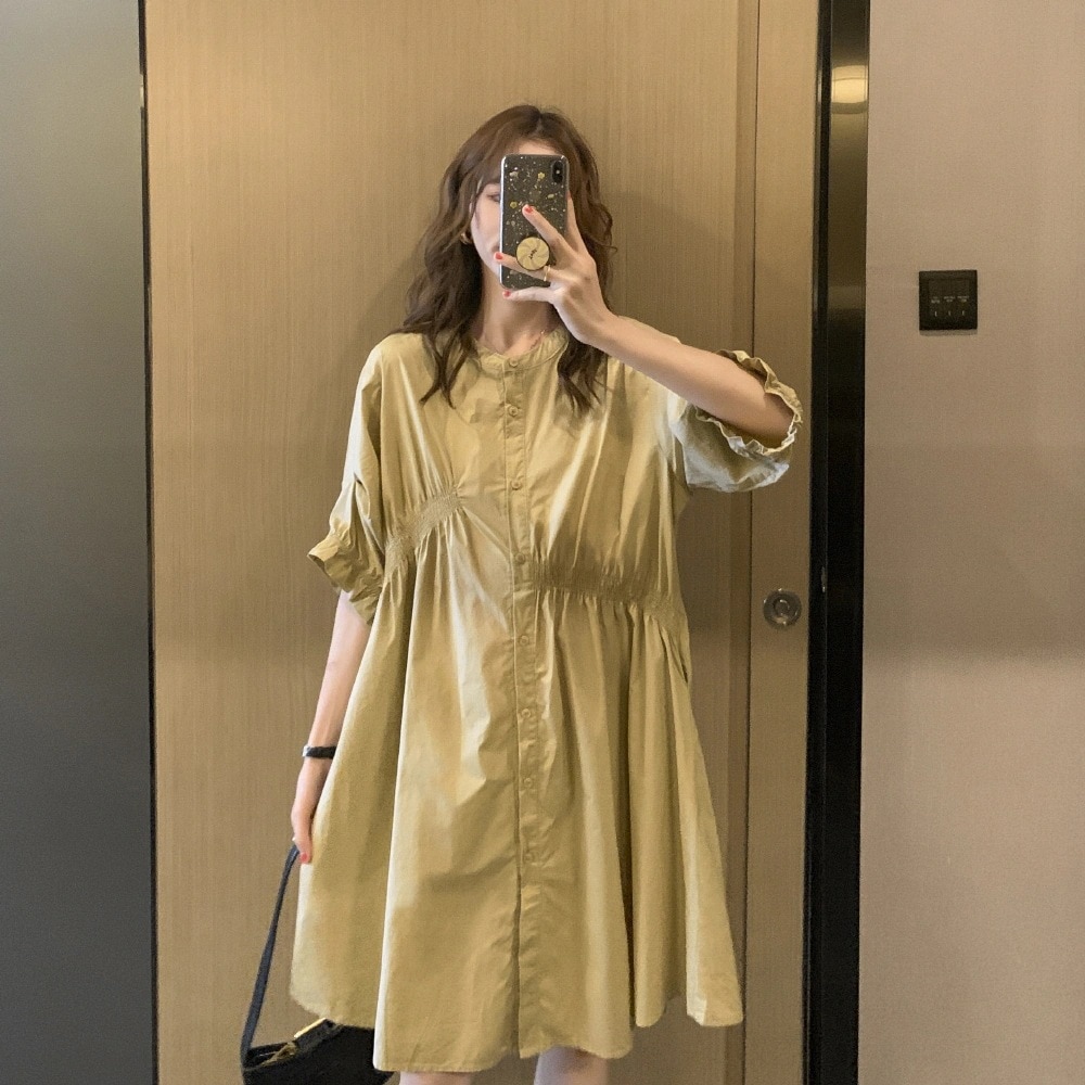 ワンピース シャツ フレア 膝丈 ミモレ 半袖 5分袖 ラウンドネック ノーカラー 前開き 薄手 春 夏 大人可愛い シンプル こなれ感 フェミニン お出かけ デート 学生 韓国 ベージュ ブラック