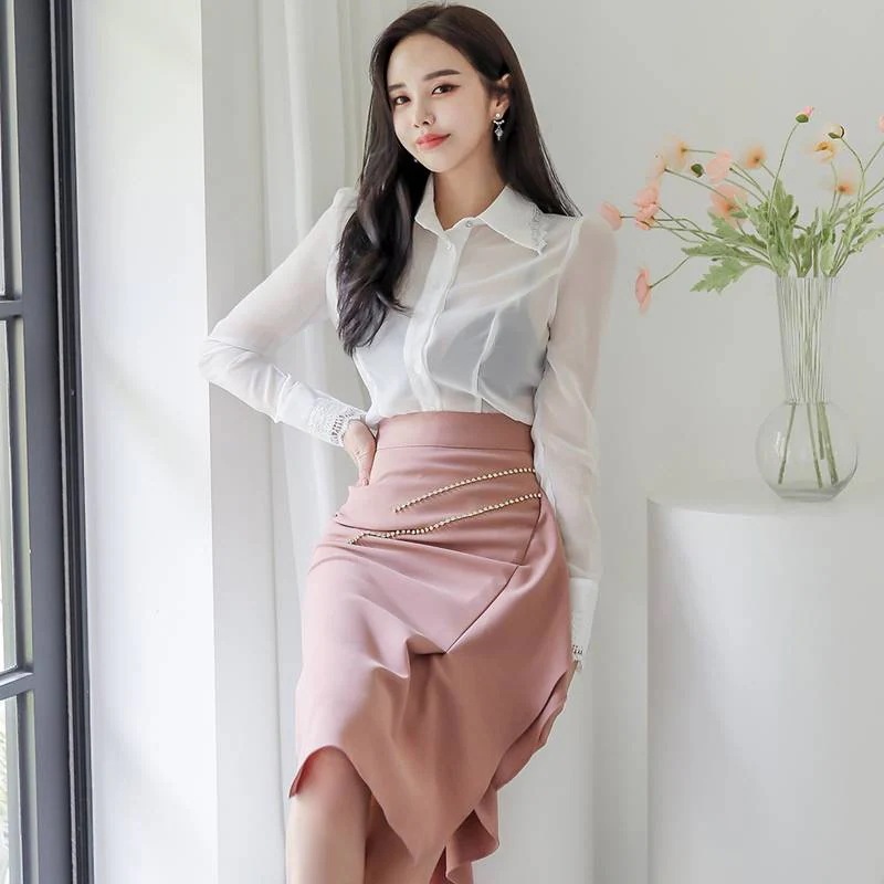 レディース シャツ スカート ツーピース セットアップ ブラウス 膝丈 長袖 襟付き タイト レース 上下 2点 セット 大人 可愛い きれいめ 上品 おしゃれ 無地 透け感 シースルー イベント