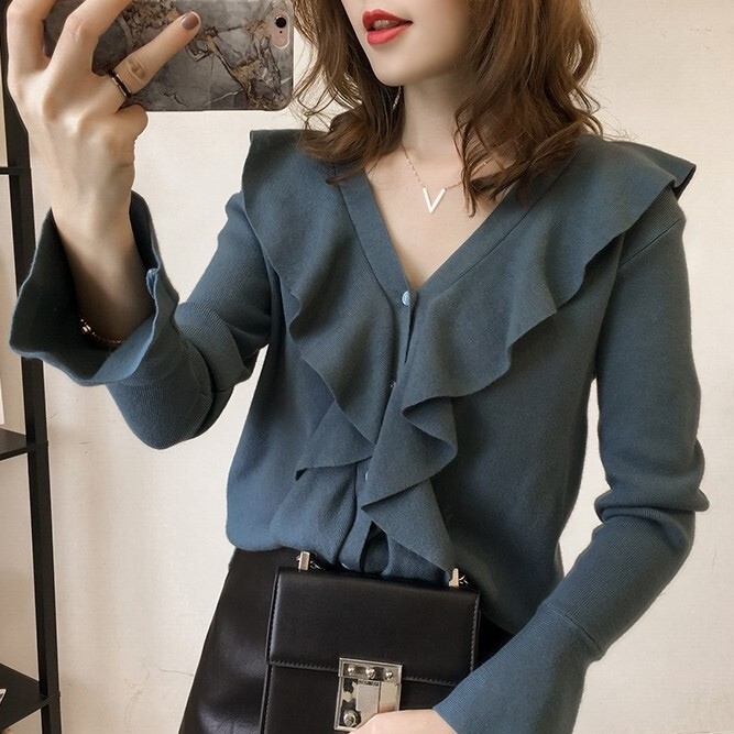 フリルシャツ グレー レッド トップス Tシャツ シャツ スリム 細身 ストレート スマート