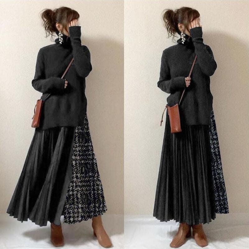 【即納】ニットワンピース ロングワンピース ワンピース レディース ロング丈 秋 冬 バイカラー ハイネック 長袖 体型カバー 秋冬 上品 通勤 OL 30代