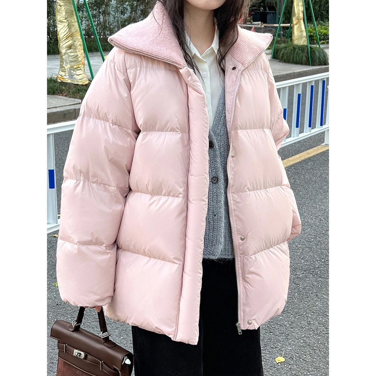 ~女性用ニットスプライシングダウンジャケットミッドレングス肥厚90ホワイトダックダウンピンクブレッドジャケット9613