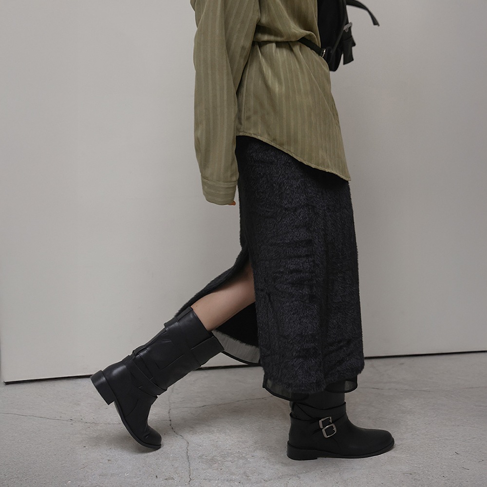 モアレバンディングシフォンレイヤードバックスリットファーロングスカート