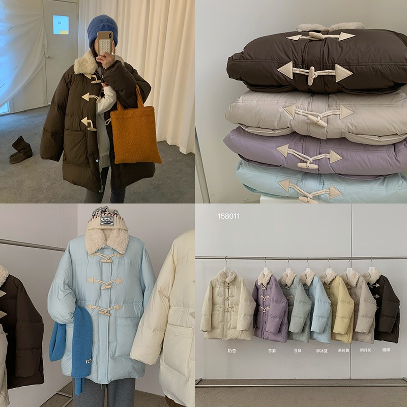 韓国風木製コーンボタンラムウールラペルミドル丈暖かいダウンジャケットレディース冬用コート