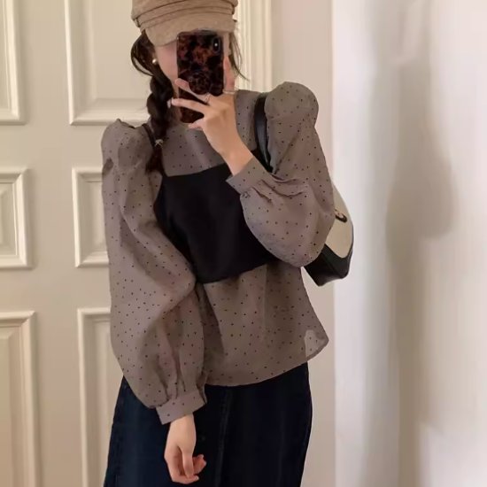 シフォンブラウス レディース トップス ブラウス シャツ プルオーバー 水玉 ドット柄 長袖 ボリューム袖 パフスリーブ ラウンドネック カジュアル お出かけ おしゃれ きれいめ 女性