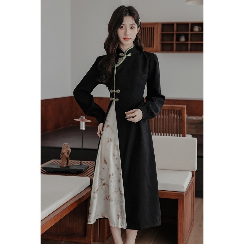 【急速出荷】送.料.無.料.ウエスト を収めたチャイナドレス 長袖 つなぎスカート ワンピース