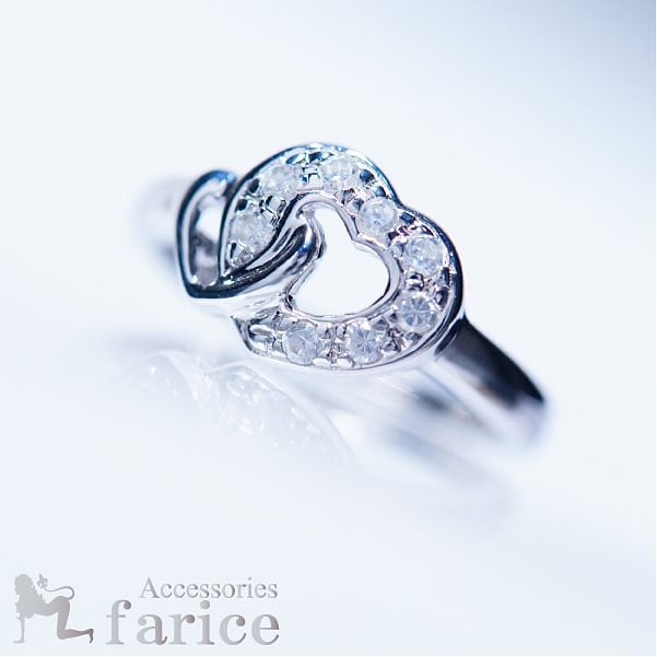 ホワイトキュービックジルコニアハートと小さなハートのシャイニーツインジュエリーリング