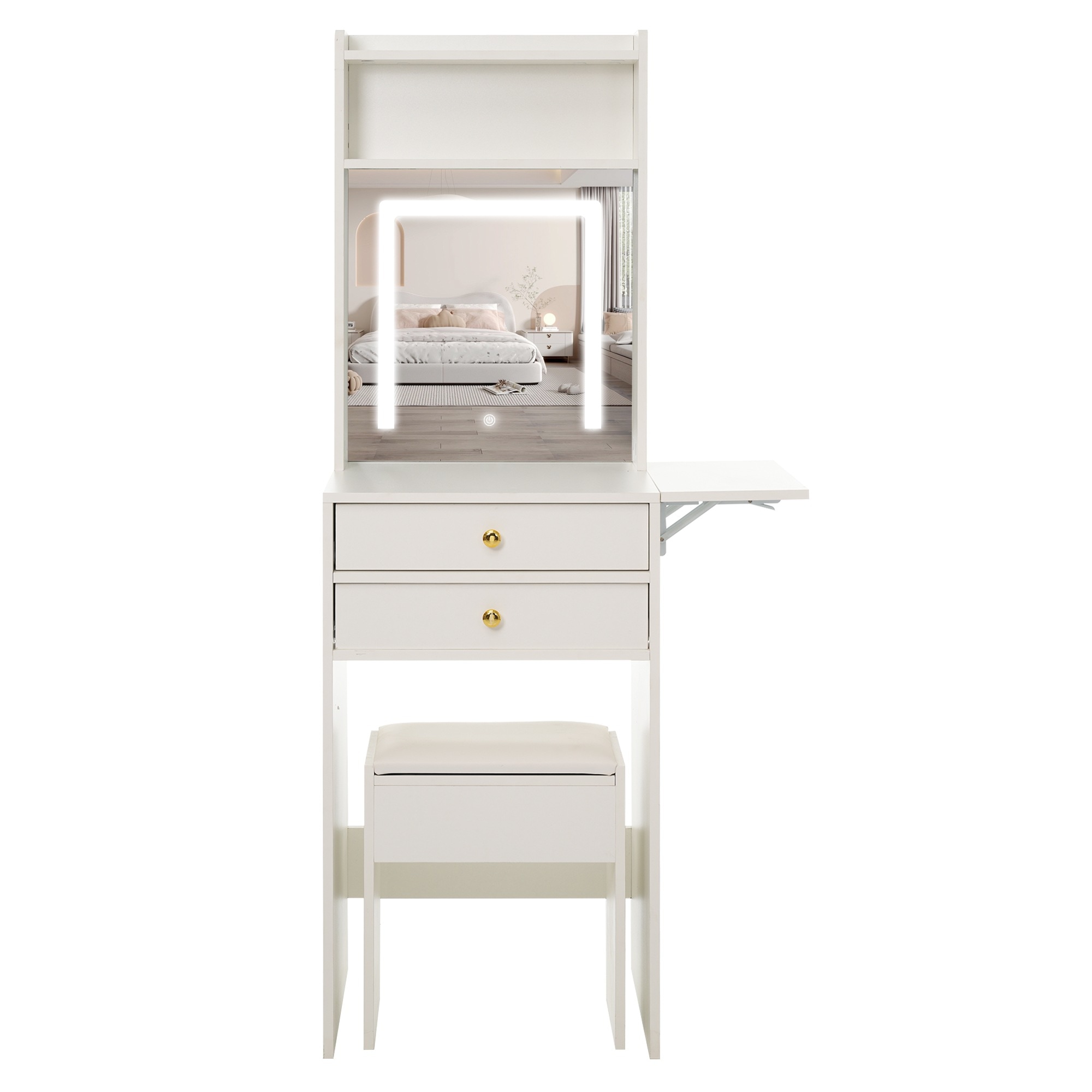 ドレッサー 化粧台 テーブル 鏡台 ライト付き 3色LED 女優ミラー 引き出し 収納 椅子 セット メイク台 シンプル 大容量 可愛いGG6599 White Solid WoodG2