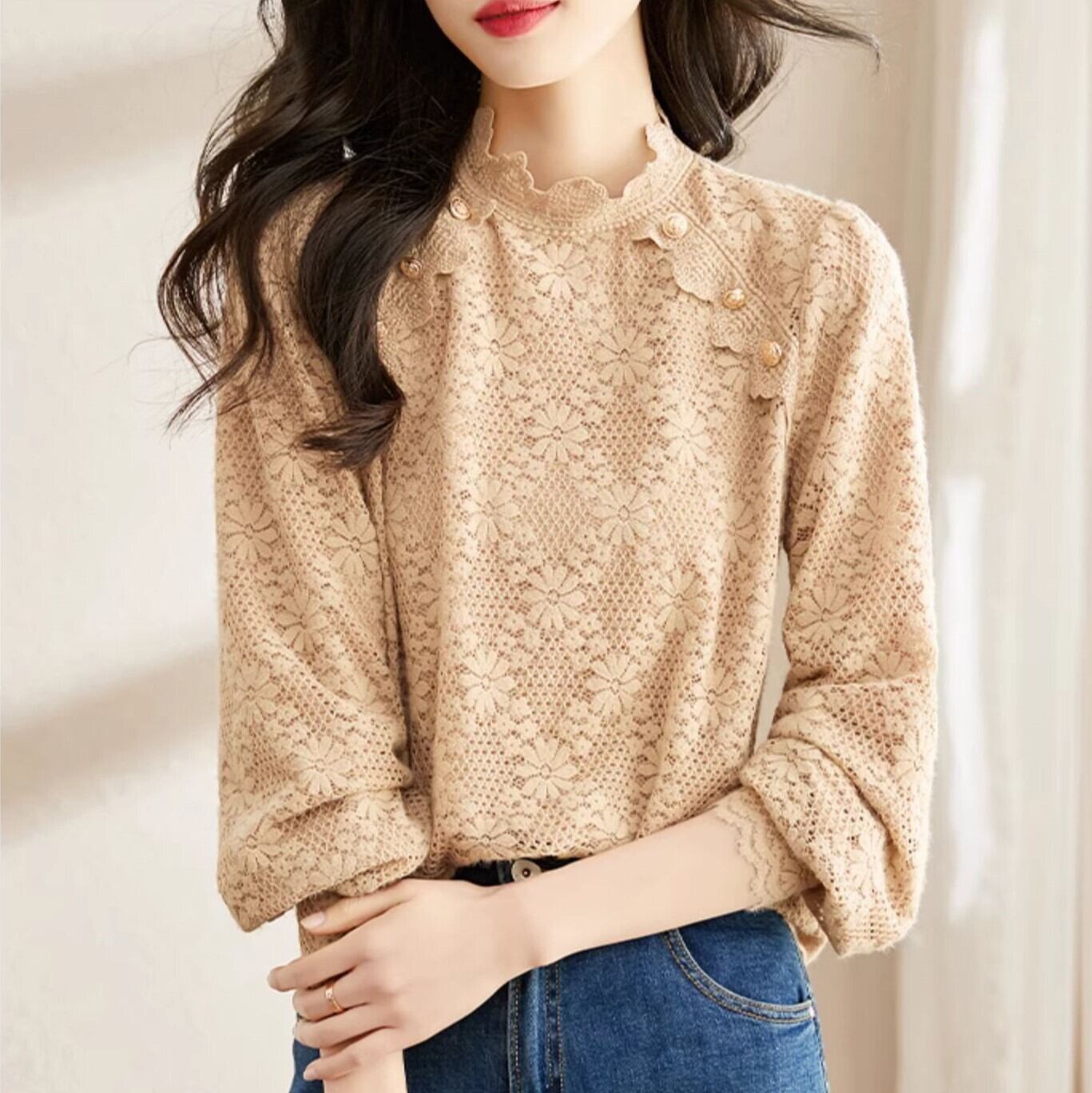 トップス ブラウス レディース 長袖 ビショップスリーブ スタンドカラー スリム フェミニン レース サイドボタン ボタン 中厚手 かわいい 大人可愛い きれいめ 上品 おしゃれ こなれ感 エレガント 4,805円