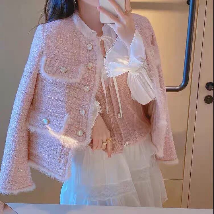 秋冬コーデ　優雅　可愛いトップス　レディース　ツイードジャケット　高級感　ピンクコート 5,396円