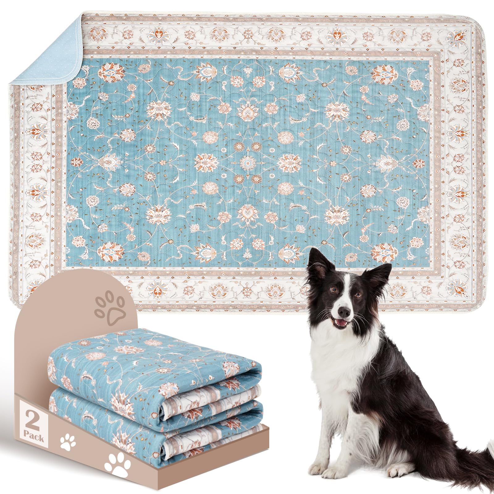 Deamoser 洗える ペットシーツ 犬 猫用 洗えるペットマット おしっこマット ペットマット エスニック柄 下敷きマット 洗える 速乾 繰り返し使える (L(122x81cm), 青い小花)
