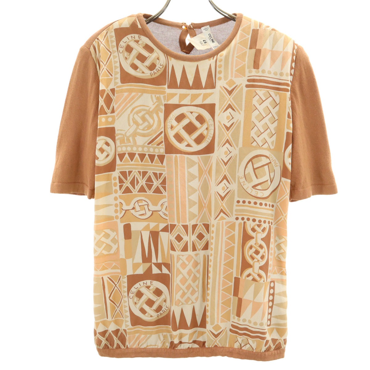 90s オールド イタリア製 総柄 半袖 ニット 40 ベージュ レディース 古着