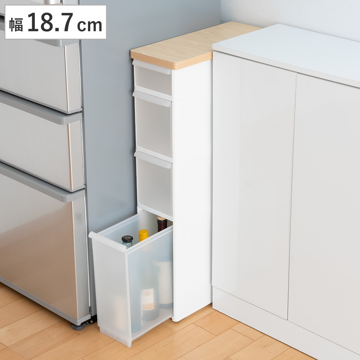 キッチンストッカー スリムストレージ 耐熱木天板 スリム 4段 幅18.7cm TS-121WT キッチン 収納 収納ストッカー スリムストッカー 隙間収納 コロ付き スリムキッチンラック