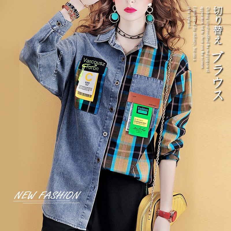 デニムアウター 切り替えロングTシャツ 長袖 シャツ 刺繍ブラウス お洒落 オシャレアウター