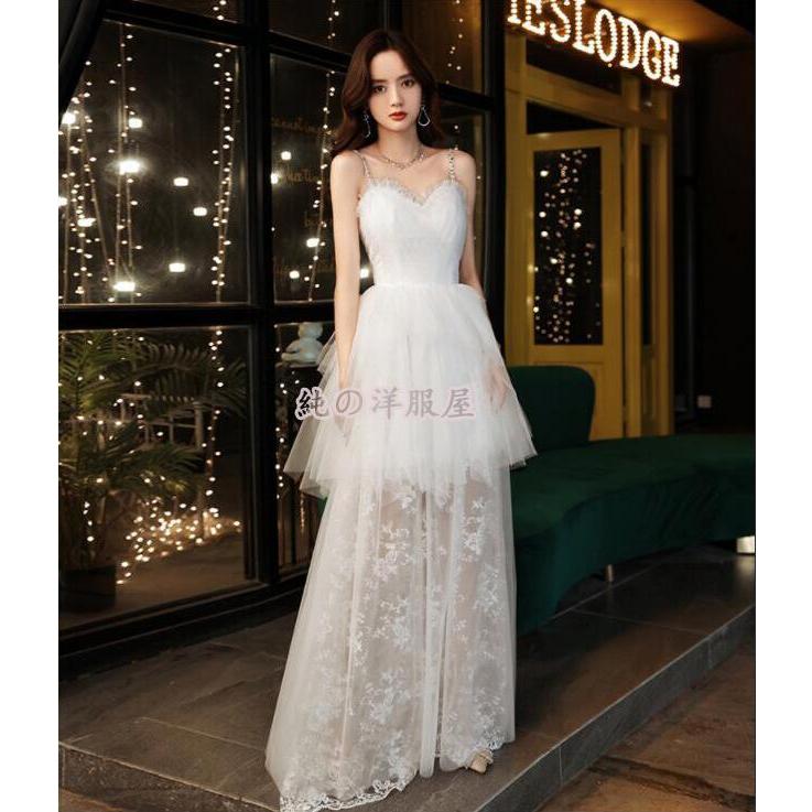 ウエディングドレス レディースイブニング レースキャミソールワンピース 白色 フォマールドレス 森系 きらきらパーティードレス 二次会 お呼ばれ フォマール30%までに制限