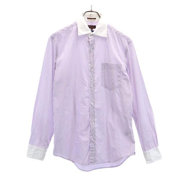 日本製 ストライプ柄 長袖 シャツ M 白×紫 メンズ