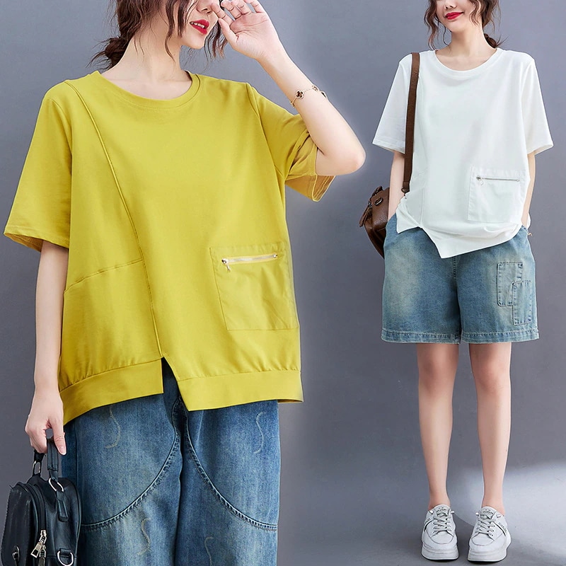 夏新型丸襟半袖大きいサイズ ファスナー切り替えゆとり上着Tシャツ 丸ネックロンT