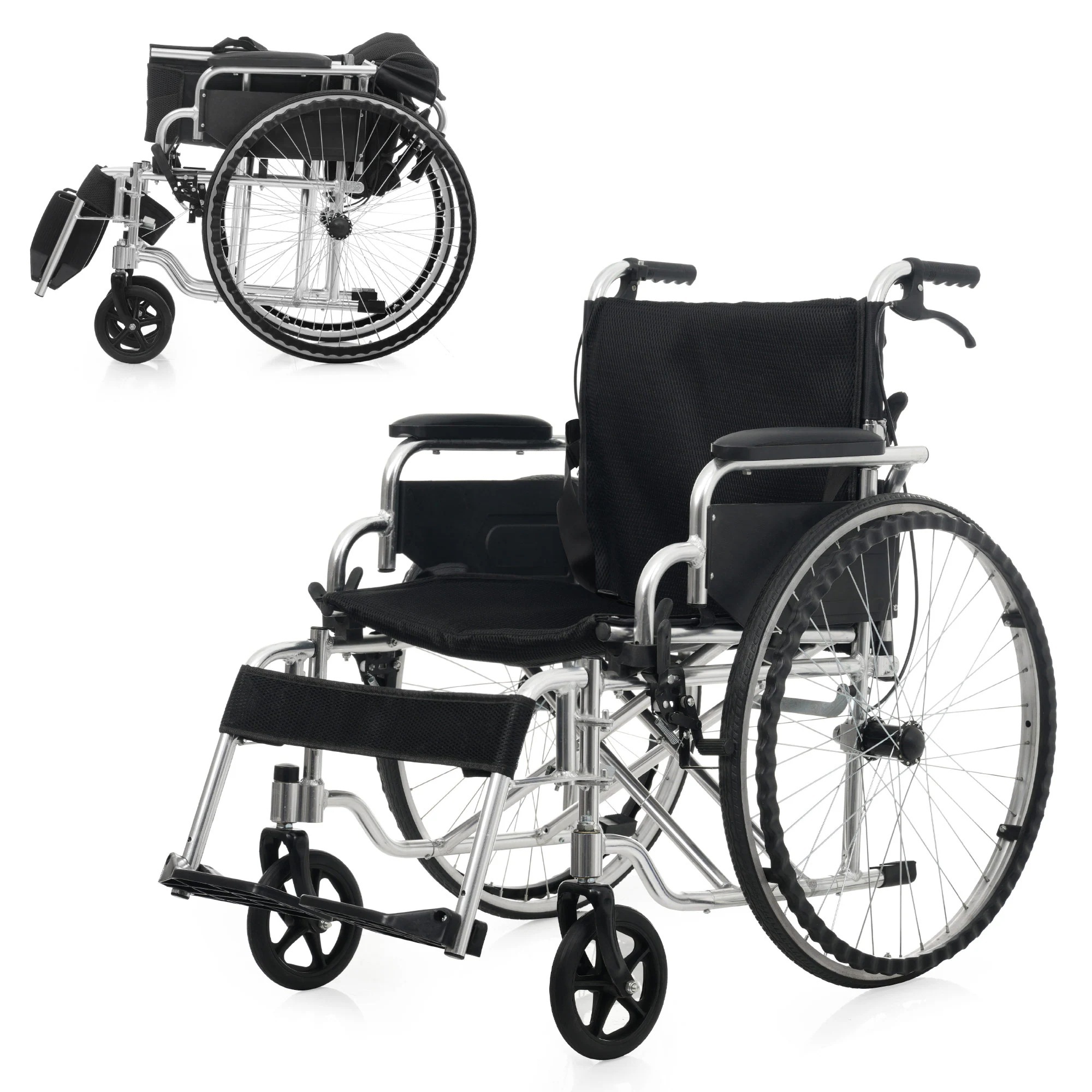 2041車椅子 折畳み 自走式 自走介助兼用 自立できる 軽量 コンパクト ノーパンクタイヤ 折りたたみ 収納可能 超軽量 コンパクト 安全ベルトつき 背面ポケット 外出用 介護 福祉用具 ブラック