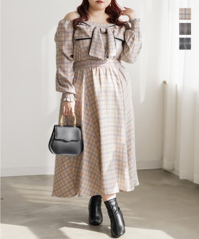 大きいサイズ レディース LL 3L 4L XL XXL XXXL CLETTEオリジナルチェック柄2WAYリボンワンピース