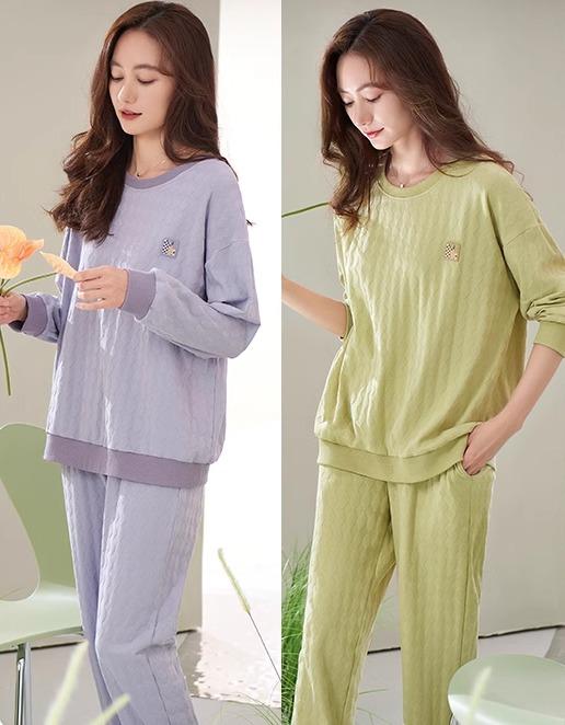 パジャマ レディース 上下セット 春秋 長袖 ルームウェア プルオーバー ウエストゴム 通気性 柔らかい 母の日 プレゼント シンプル 青 緑