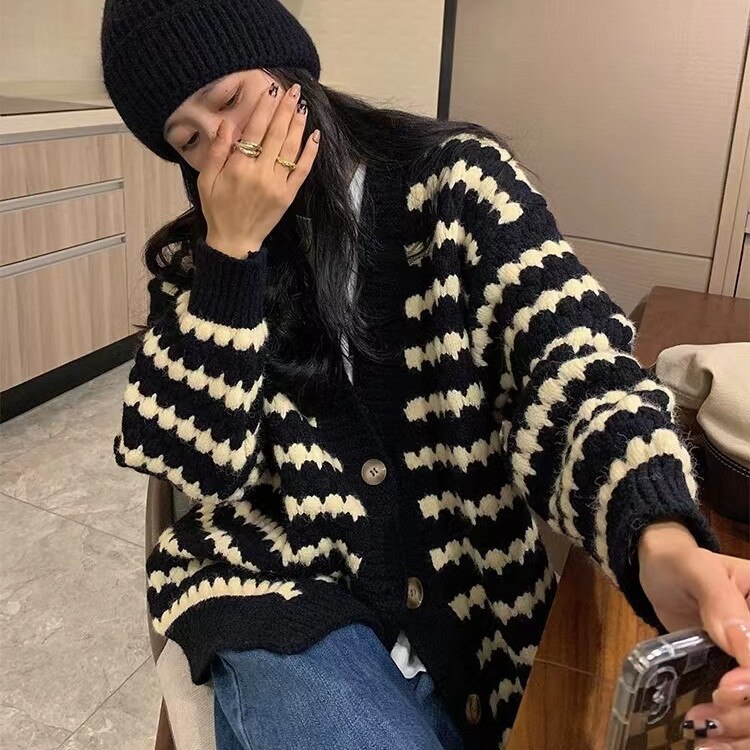 ベーシックニットアウター ニュースタイル 着痩せ ゆったり ニットカーディガン コントラストカラー セーター ニットカーディガン