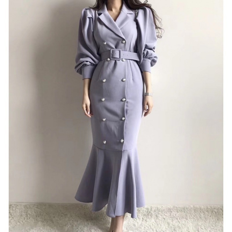 キャミワンピース 新作 春 長袖 スーツ ワンピース ロング バブル袖 ダブルブレスト ベルト 垂れ感 フィッシュテールスカート お肌に優しい ゆったり 高級感 流行り 気質 百掛け フレンチ 着やせ