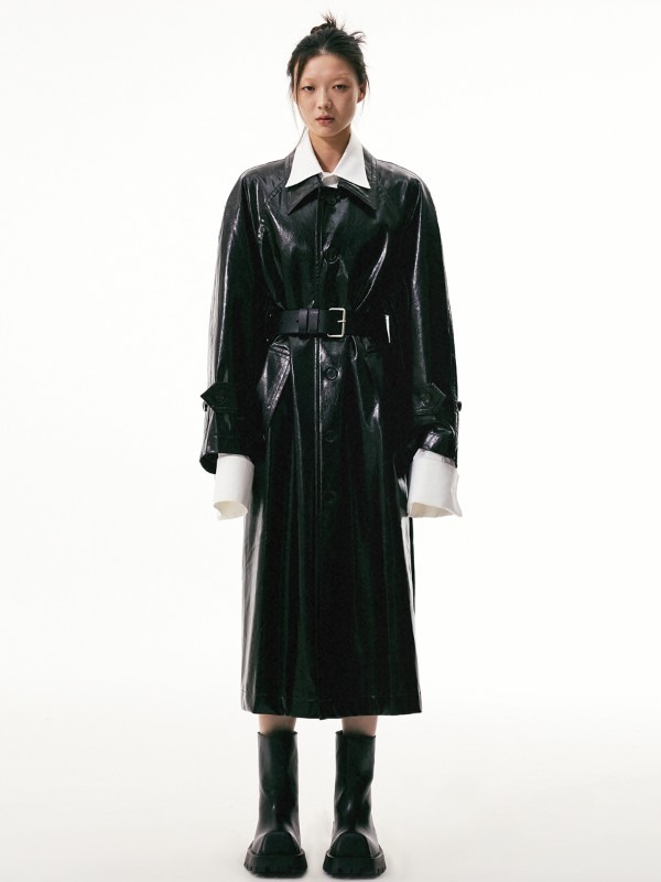 VERMO レトロですっきりとした安心感のあるレザートレンチコート ユニセックス 定番カラー ゆったり レザーコート ジャケット