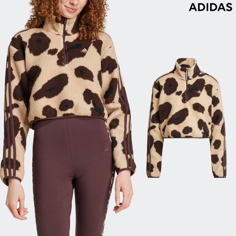 [ADIDAS] アディダス レディース アニマル プリント フリース クロップ 半ジップアップ トップ / BROWN