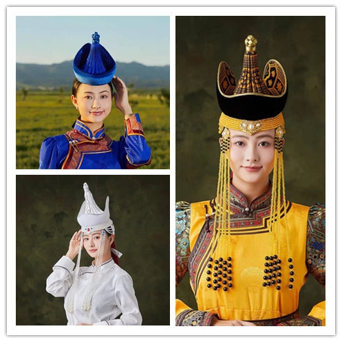モンゴル 　伝統　帽子　高級　礼服　婚礼　頭飾り　衣装　レディース 　女性　デール　服飾品　民族　模様　舞台　演出　モチーフ　モンゴル風　ドレス　伝統的　優雅　レトロ　復古