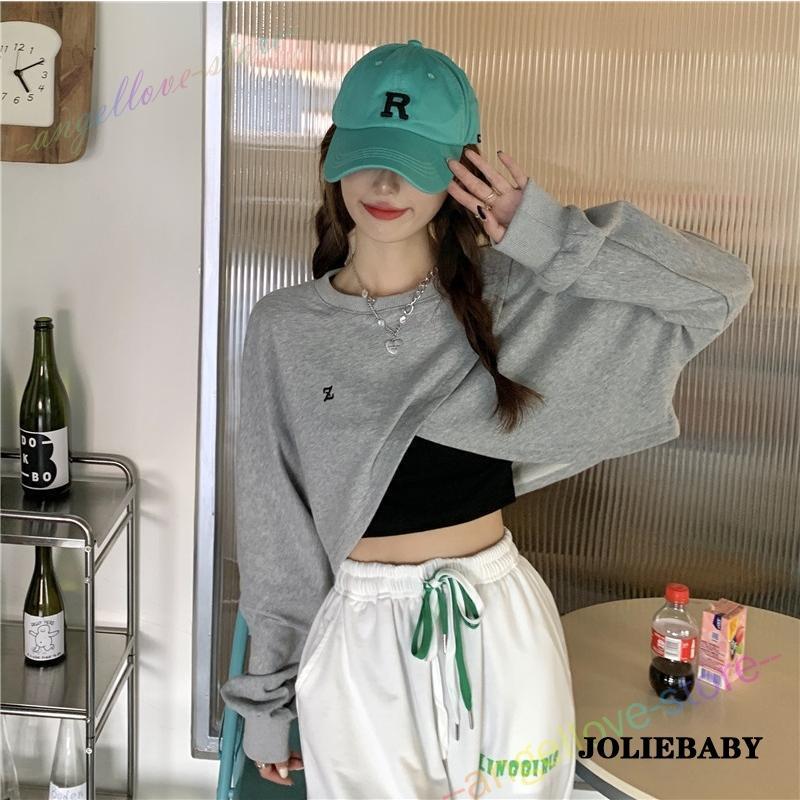 トップストレーナーショート丈ロゴスカットソー長袖トレーナーTシャツ短い短め長袖刺繍グレー黒ブラックへそ見せダンス