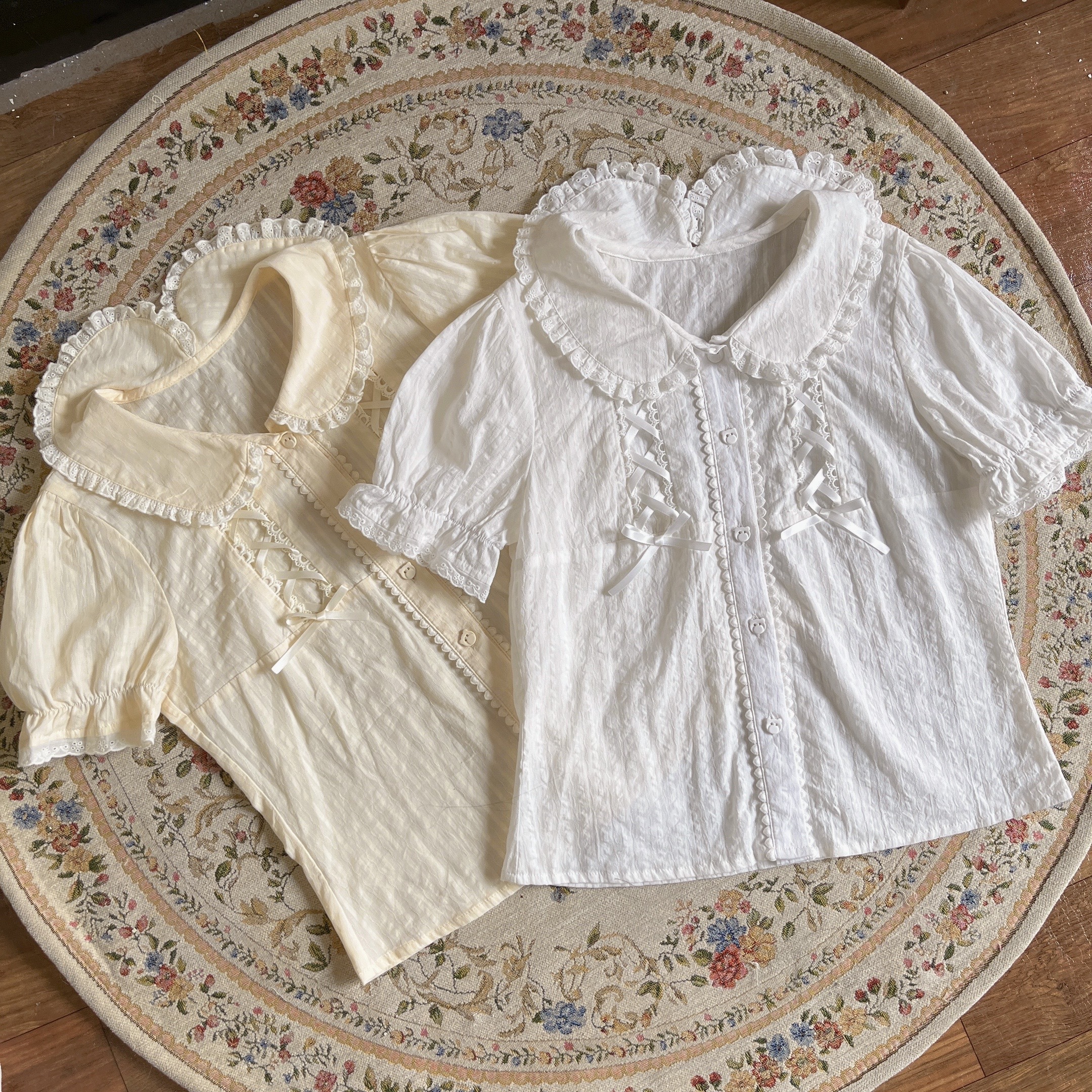 Lolita夏純綿半袖シャツロリータ純色百合内に可愛い子供襟泡袖jkシャツ