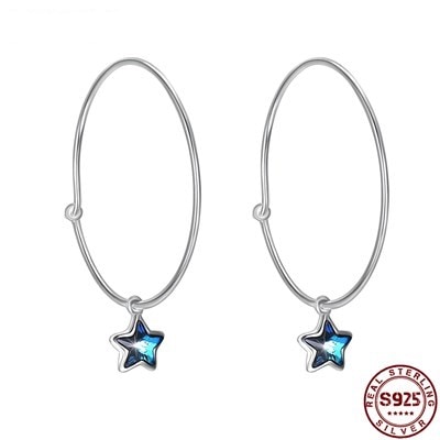 ピアス スター S925 スターリングシルバー ブルー オーストリア クリスタル フープイヤリング 女性 ファイン ジュエリー