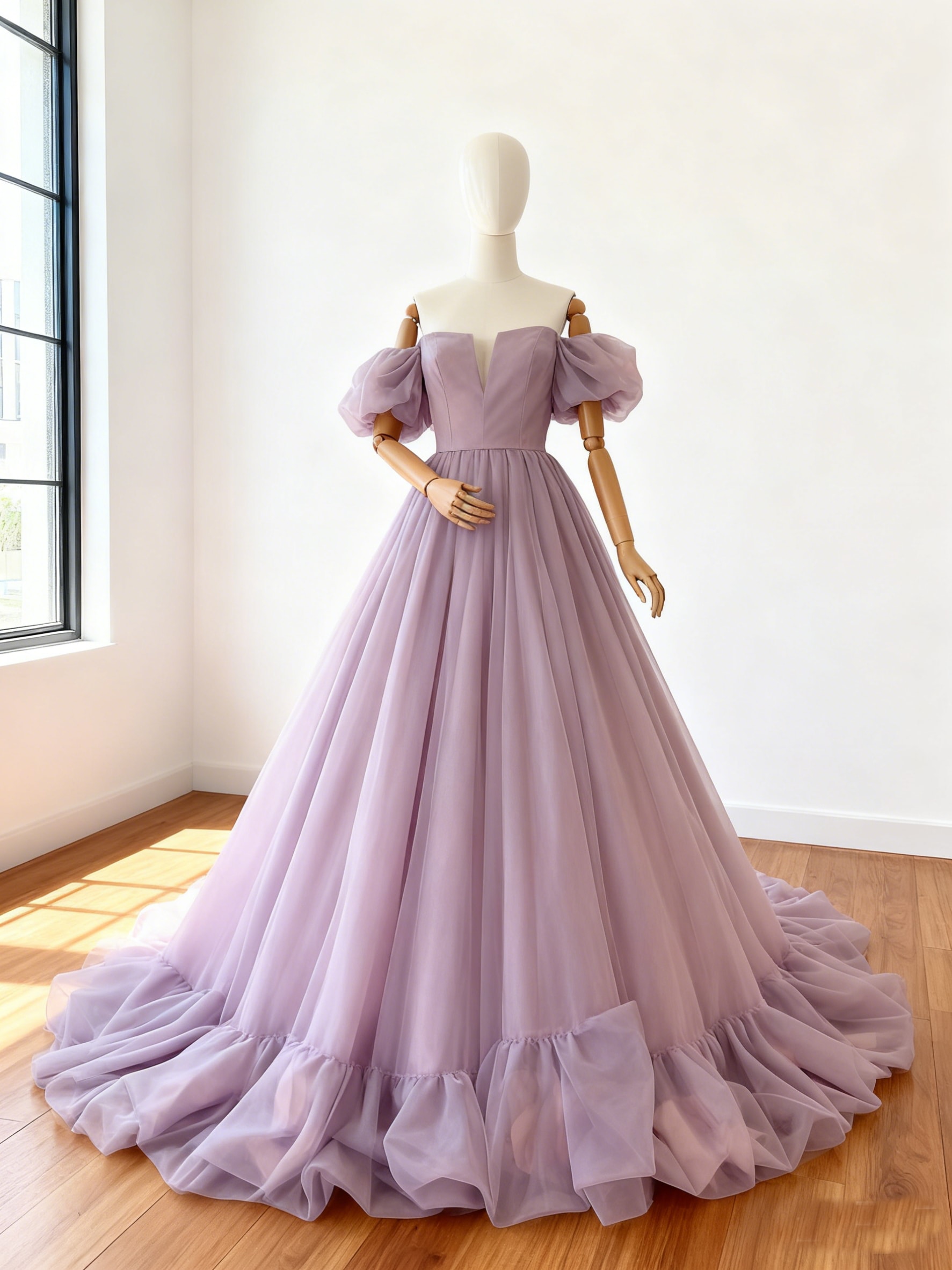 カラードレス オーキッド 取り外し可能な付け袖 フリルトレーン Vネックドレス 花嫁 前撮り