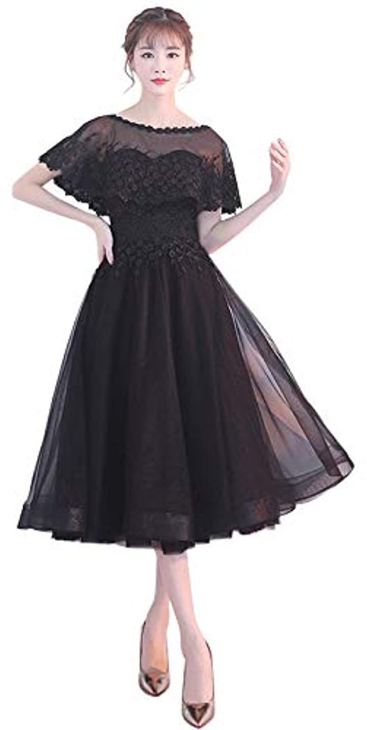 パーティードレス ミモレ丈 結婚式 ワンピース ロング フォーマルドレス S678(ブラック, XL 7,627円