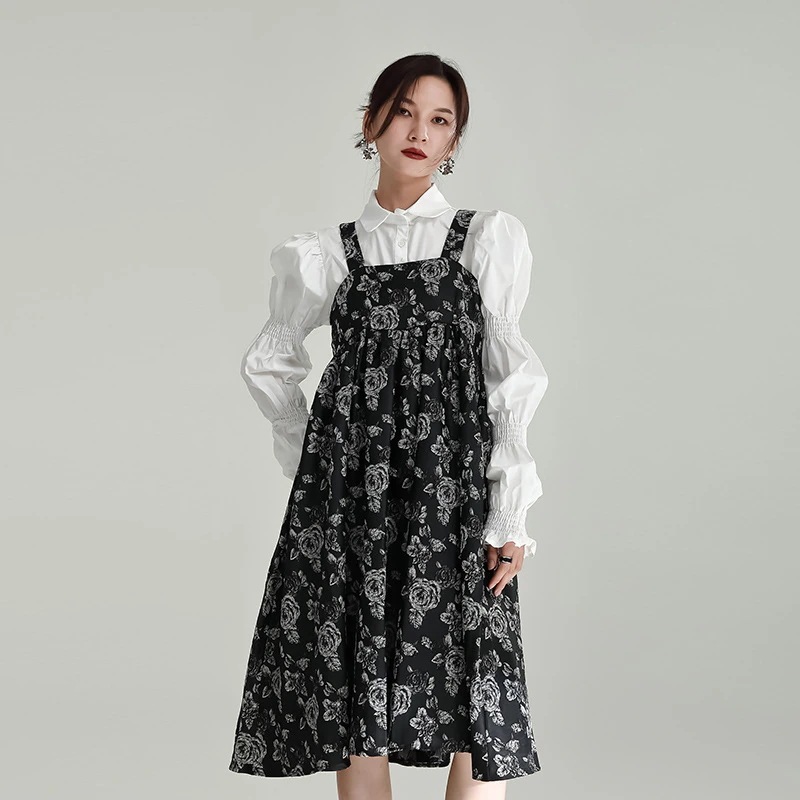 送料無料 春のワンピース 日系 花柄 サロペットスカート 高級 気質 着痩せ Aラインワンピース 2025福袋