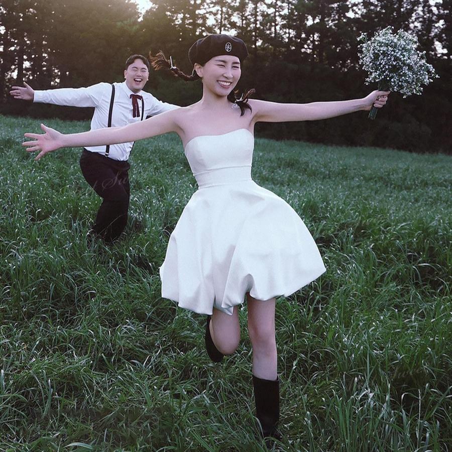 ウェディングドレス ミニ ショート丈 ミニドレス バルーン 立体 二次会 結婚式 前撮り 発表会 花嫁 ウエディングドレス ベアトップ シンプル ショートドレス