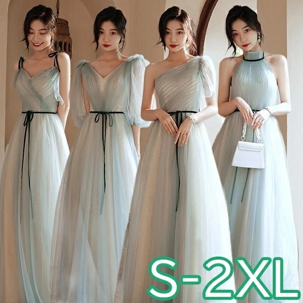 ブライズメイド ドレス ロング丈 ロングドレス 袖あり 袖なし ワンショルダー ブルー 透け感 ハイネック カシュクール 結婚式 ワンピース 体型カバー 半袖 フリル オフショルダー バルーン袖 二次