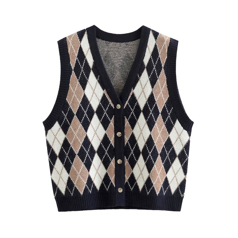 トップス ベスト ニットベスト ノースリーブセーター アーガイル柄 ボタン 前開き Vネック 袖なし シンプル カジュアル おしゃれ オジカワ レトロ かっこいい こなれ感 ラフ メンズライク マニッ