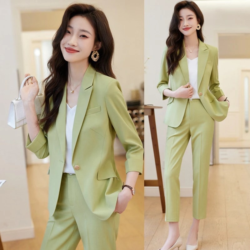 全4色 スーツ レディース パンツスーツ 夏 グリーン ピンク ベージュ イエロー スーツセット サマージャケット 7分袖 テーラードジャケット スーツ 2点セット 通勤 OL オフィス カジュアルス